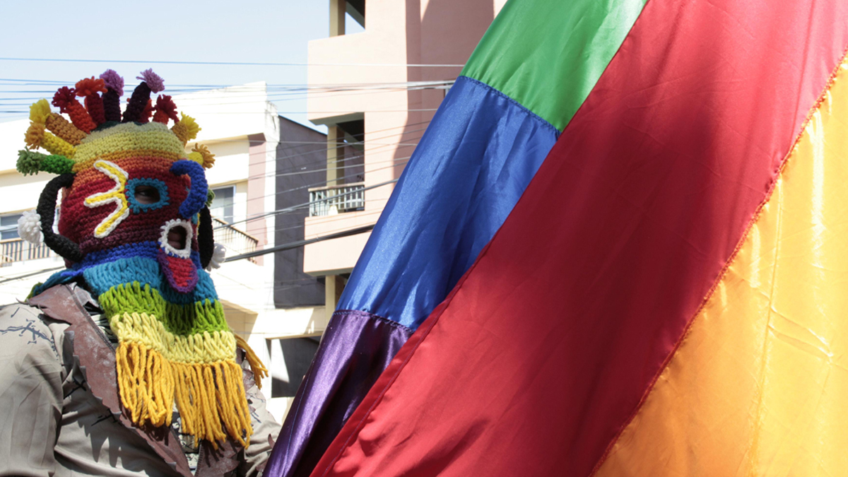 Bunt maksierte Person bei einer LGBTI*-Demo in Mittelamerika.
