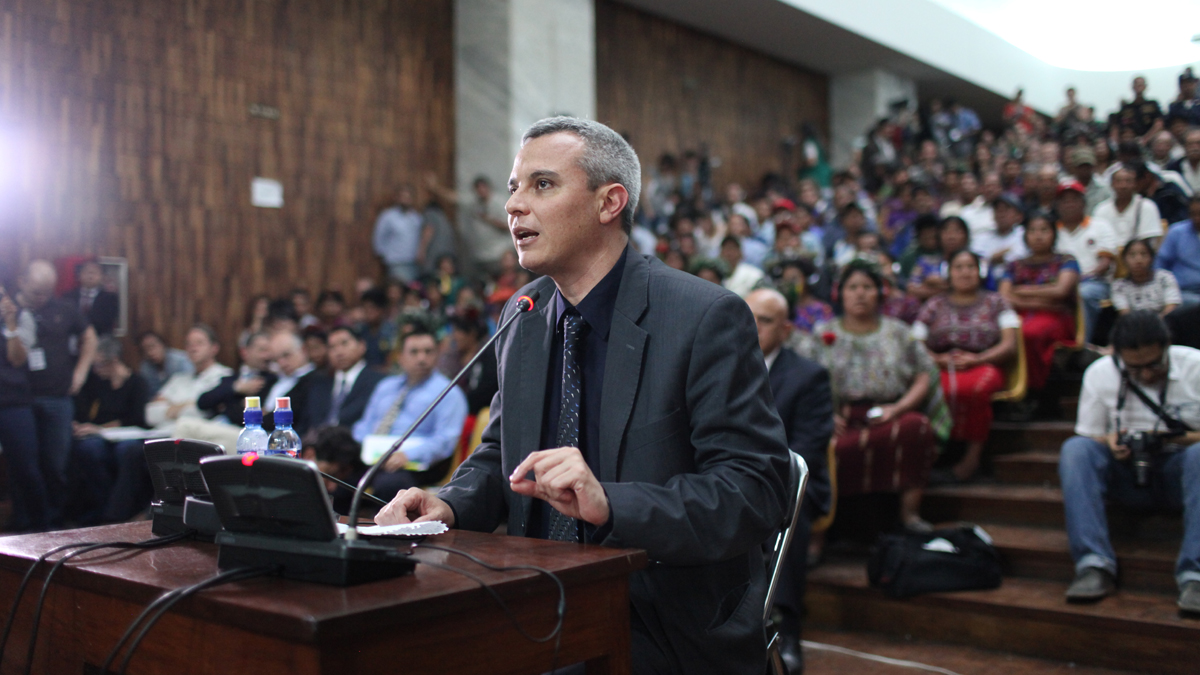 Francisco Soto, executive director of the Center for the Legal Action of Human Rights (CALDH, in Spanish), declares in his closing statement: ?We've been struggling for justice for 30 years. This isn't violence, it isn't vengeance, it's a right. This is an important moment of historic memory for our country. If we forget, we are condemned to repeat.? Guatemala City, Guatemala. May 9, 2013.