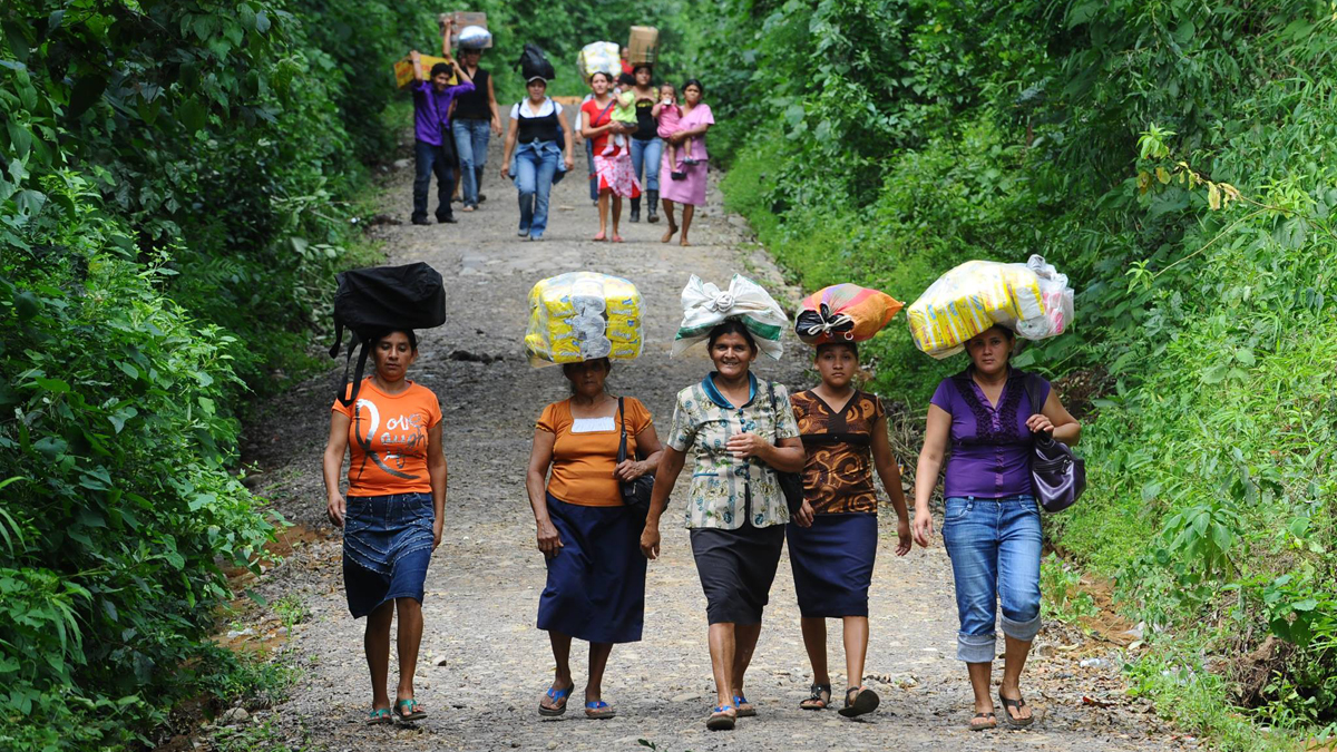 Arbeiterinnen gehen mit Gepäck auf dem Kopf einen Weg entlang.