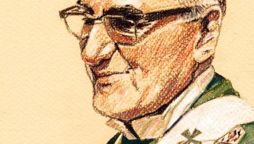 Zeichnung von Oscar Romero im Priestergewand