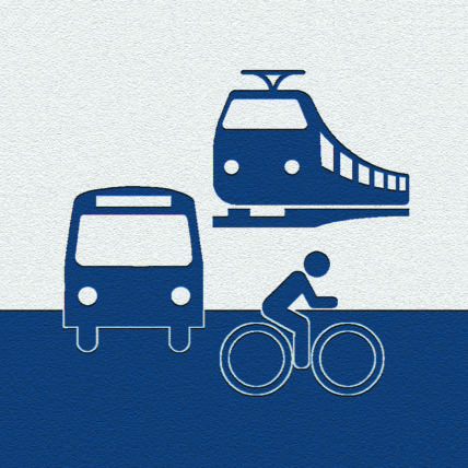 Illustration Mobilität: Bus, Bahn und Fahrrad in blau