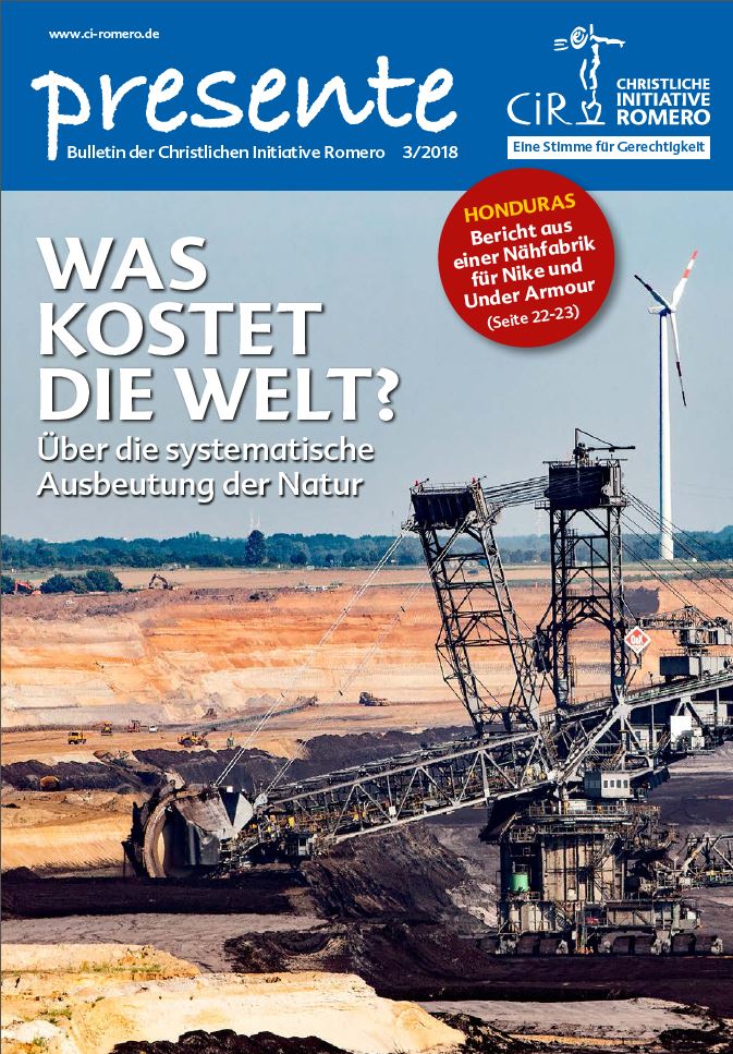 Cover der Presente 3/2018 mit einem Schaufelradbagger zur Kohleförderung im Vordergrund und einer Windkraftanlage im Hintergrund