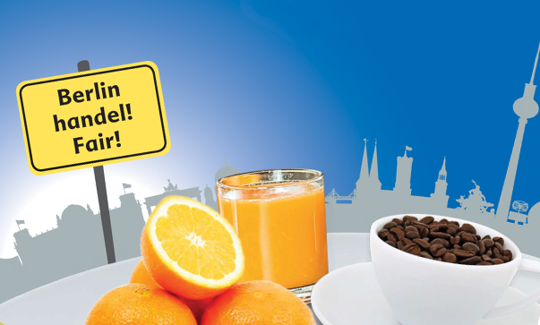 Titelblatt der Studie "Blick über den Tellerrand - sozial verantwortliche Beschaffung von Lebensmitteln" mit Silhouette von Berlin, dem Slogan "Berlin handel! Fair! sowie Orangensaft und Kaffee