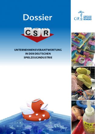 Coverbild des "Dossier: CSR – Unternehmensverantwortung in der deutschen Spielzeugindustrie" in blau mit roter Gummiente und Fotos von müden Arbeiterinnen, Chemikalien und Spielzeug