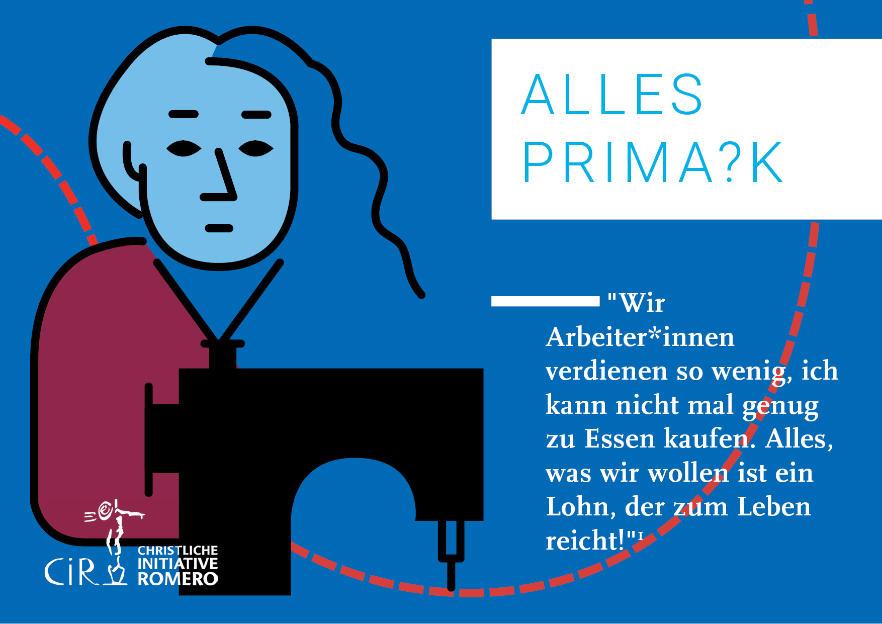 Postkarte mit Illustration einer Näherin und der Frage "Alles Prima?k"