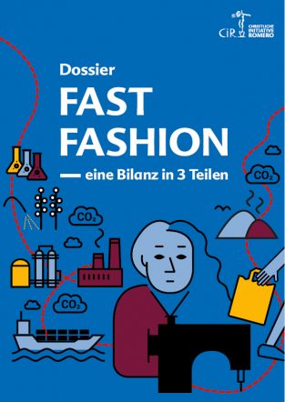 Cover des Dossiers Fast Fashion mit Illustriation einer Näherin und vielen Elementen aus der Lieferkette von Kleidung