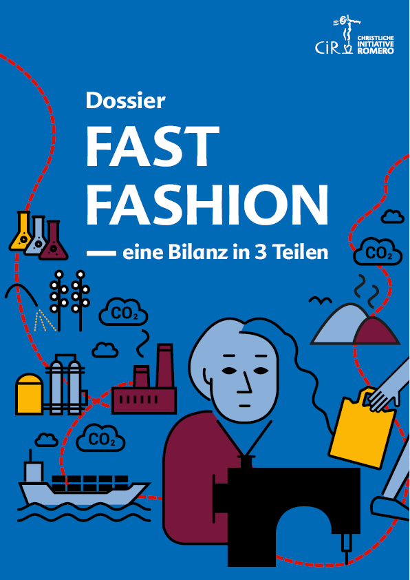 Cover des Dossiers Fast Fashion mit Illustriation einer Näherin und vielen Elementen aus der Lieferkette von Kleidung