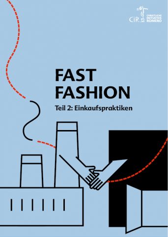 Cover des Dossiers Fast Fashion mit Illustriation einer Fabrik und einem Modeladen, die sich die Hand schütteln