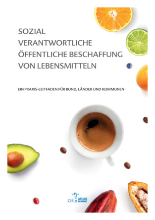 Cover des Leitfadens zu öffentlicher ökologischer und fairer Lebensmittelbeschaffung mit Fotos von Avocados, Kaffee und Zitrusfrüchten