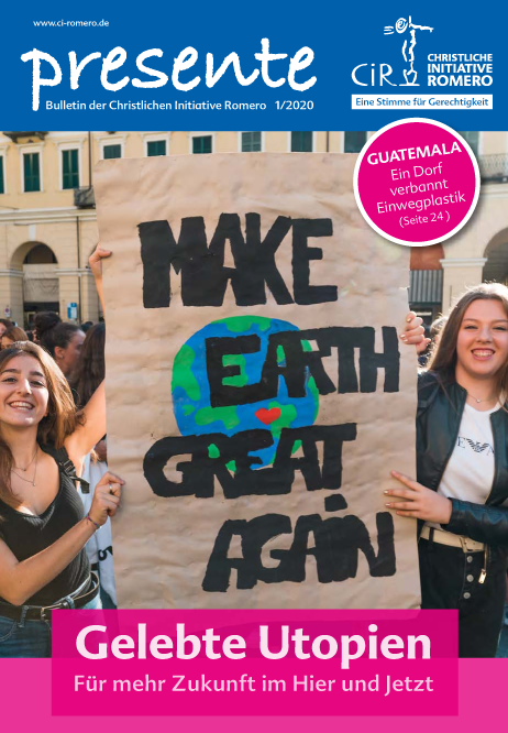 Cover der presente 1/2020 mit 2 jungen Frauen, die ein Trasnparten halten mit der Aufschrift "Make earth great again" auf einer Fridays For Future Demonstration in Italien