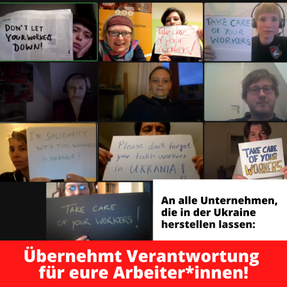 Deutsche Unternehmen, die in der Ukraine Bekleidung produzieren lassen, tragen jetzt eine besondere Verantwortung für die Arbeiter*innen in ihren Lieferketten. Die Kampagne für Saubere Kleidung fordert, erhöhte Sorgfaltspflichten walten zu lassen.