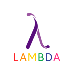 Das Logo von Lambda. Es ist der griechische Buhcstabe lambda in lila und darunter sthet in bunt "Lambda"