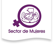 Das Logo von Sector de Mujeres. Es hat Hände in denen eine Taube gehalten wird umrandet von dem Zeichen für weiblich, aber mit dem Kreuz nach links und nicht nach unten gerichtet und ist lila.
